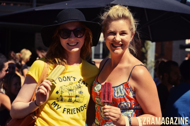 Kate Rosewall and Marni Louise enjoying vegan pops from 'Loca Pops' at the Pure Veg Food and Wine Fair